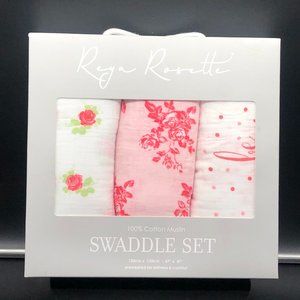 Reya Rosette 100% Cotton Muslin Swaddle Blanket Set of 3 Brand NEW!!